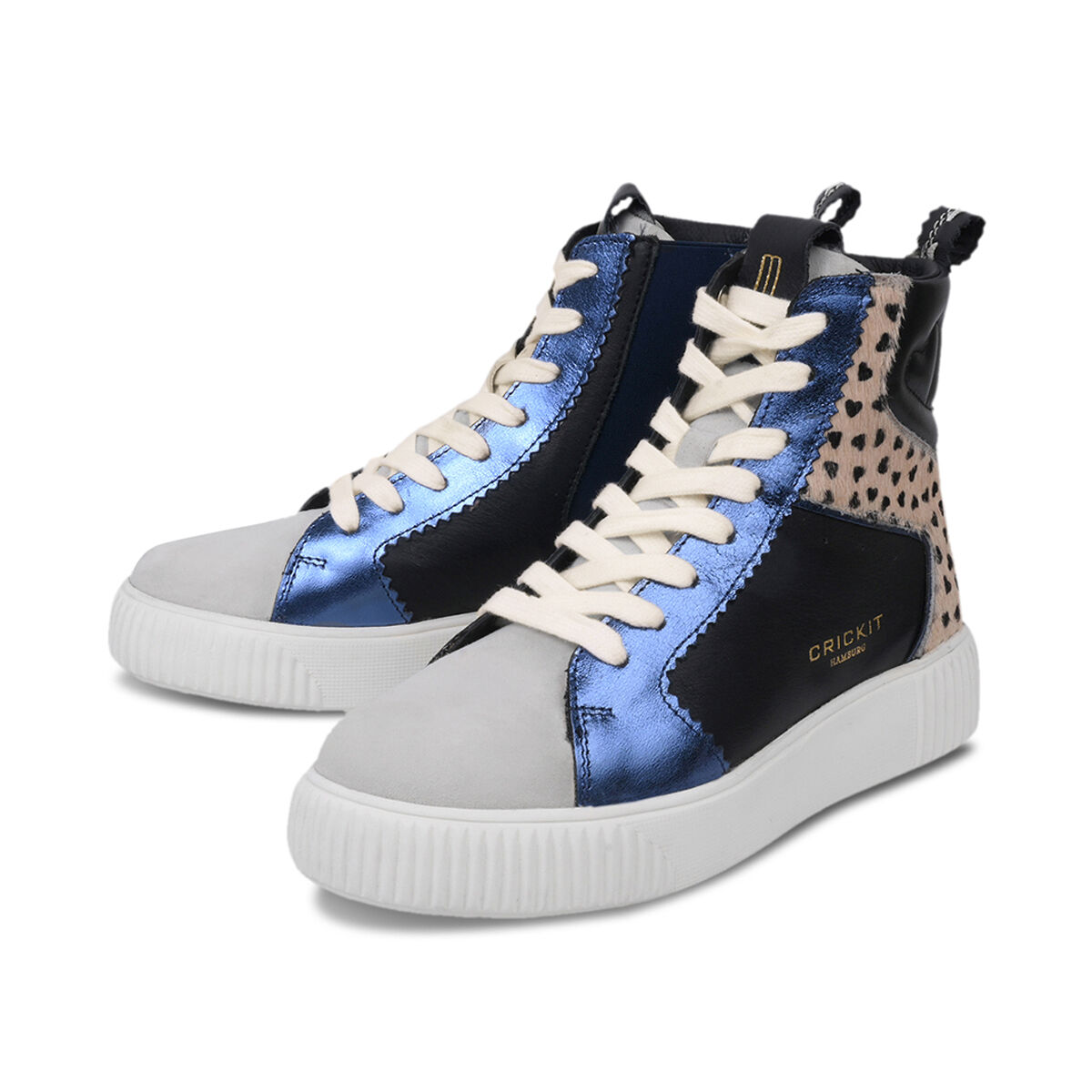 NIMA Schwarz mit Fell Leo Herzen Beige und Metallic Blau, 43 - Crickit - Sneaker aus Leder - Hochwertige Schuhe von CRICKIT - Leichte Turnschuhe